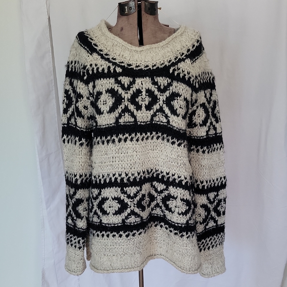 Free People Silver Reed Fair Isle Sweater Large Black & Gray